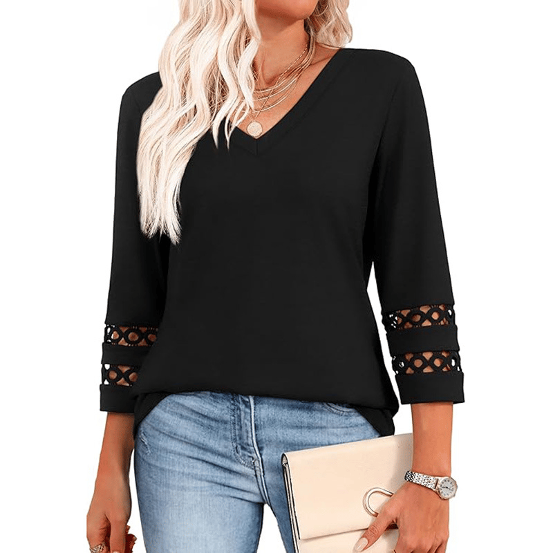 2025 New Womens 3/4 Length Sleeve Tops Trendy V Neck T Shirts