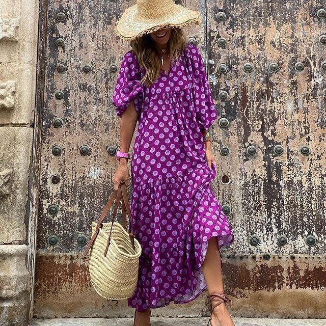 🌸🌸Big price reduction🌸Women's Elegant Puff Sleeve Floral Boho Maxi Dress